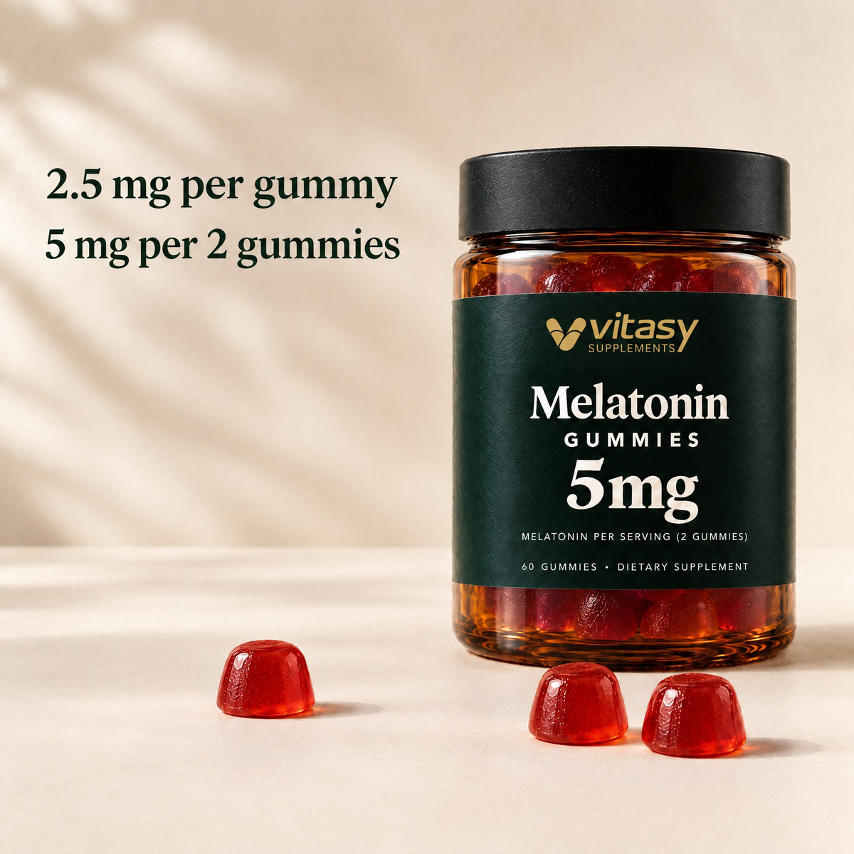 2.5 mg per gummy, 5 mg per 2 gummies, next to the Vitasy Melatonin Gummies jar