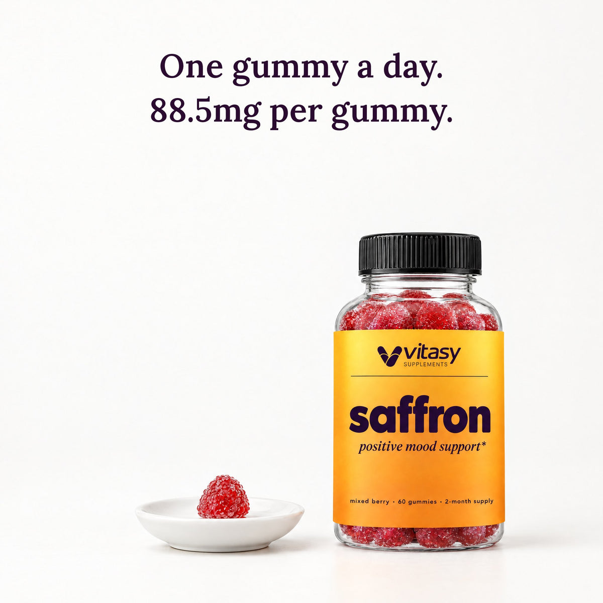 One saffron gummy a day: 88.5mg per gummy