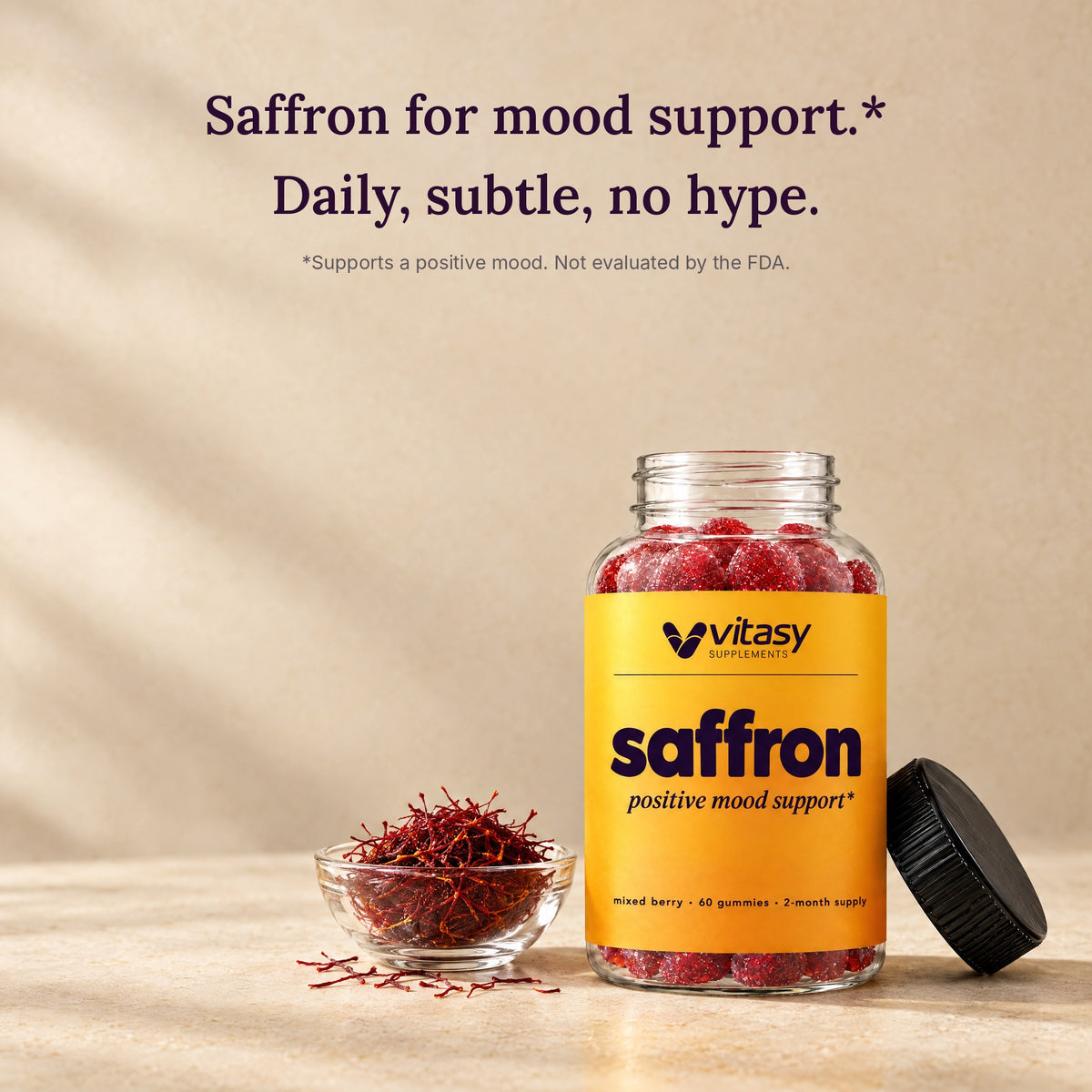 Saffron for mood support: 88.5mg extract, every amount listed