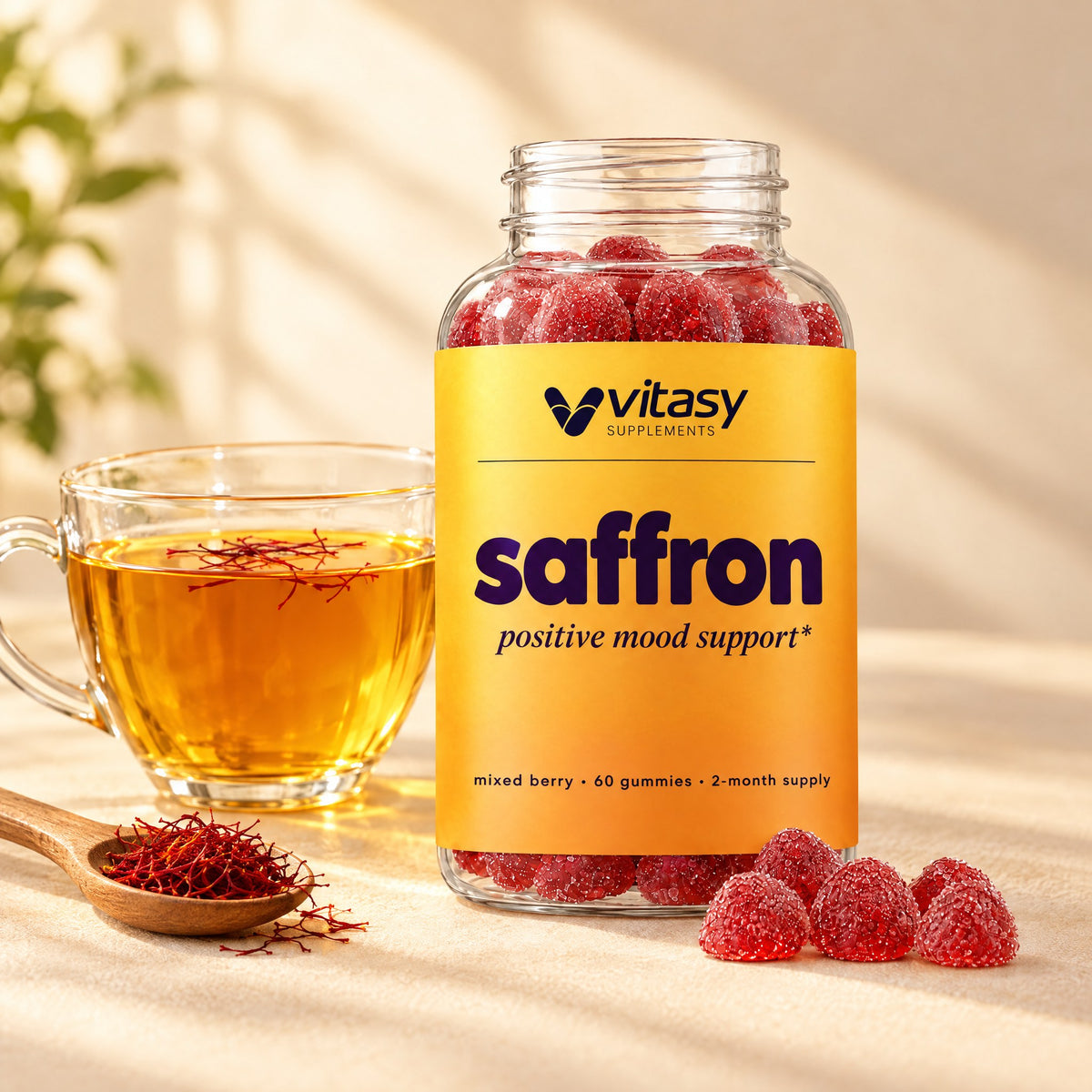 Vitasy Saffron Gummies bottle next to a glass cup of saffron tea and a wooden spoon of saffron threads