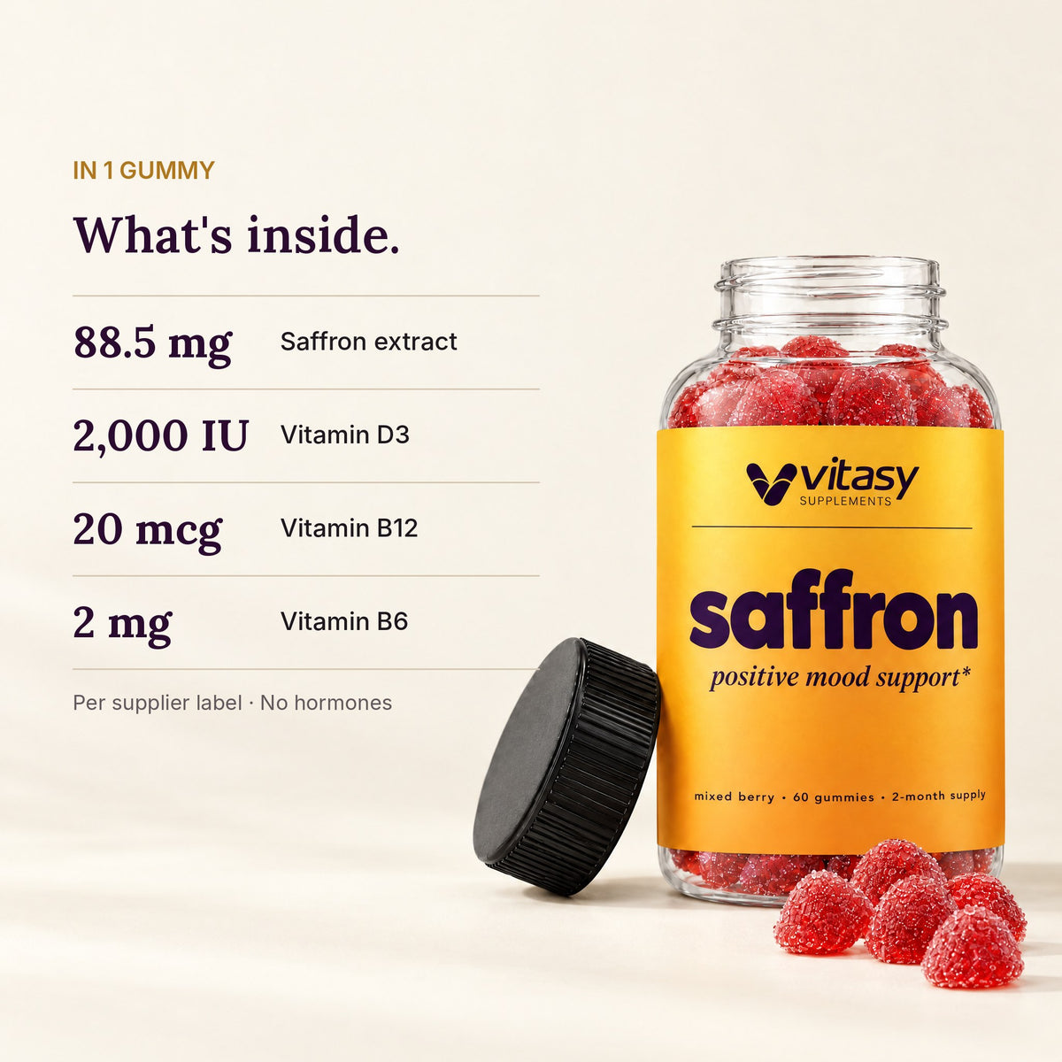 Per gummy: 88.5 mg saffron extract, 2,000 IU vitamin D3, 20 mcg vitamin B12, 2 mg vitamin B6