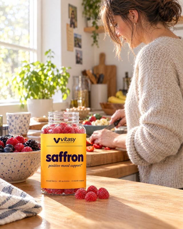 Woman at her kitchen counter in the morning with the Vitasy saffron bottle