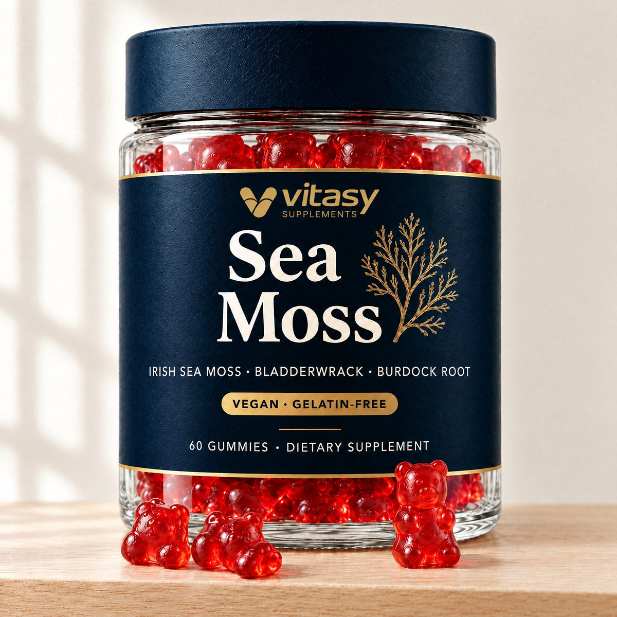 Vitasy Sea Moss Gummies jar with red gummy bears on a kitchen shelf