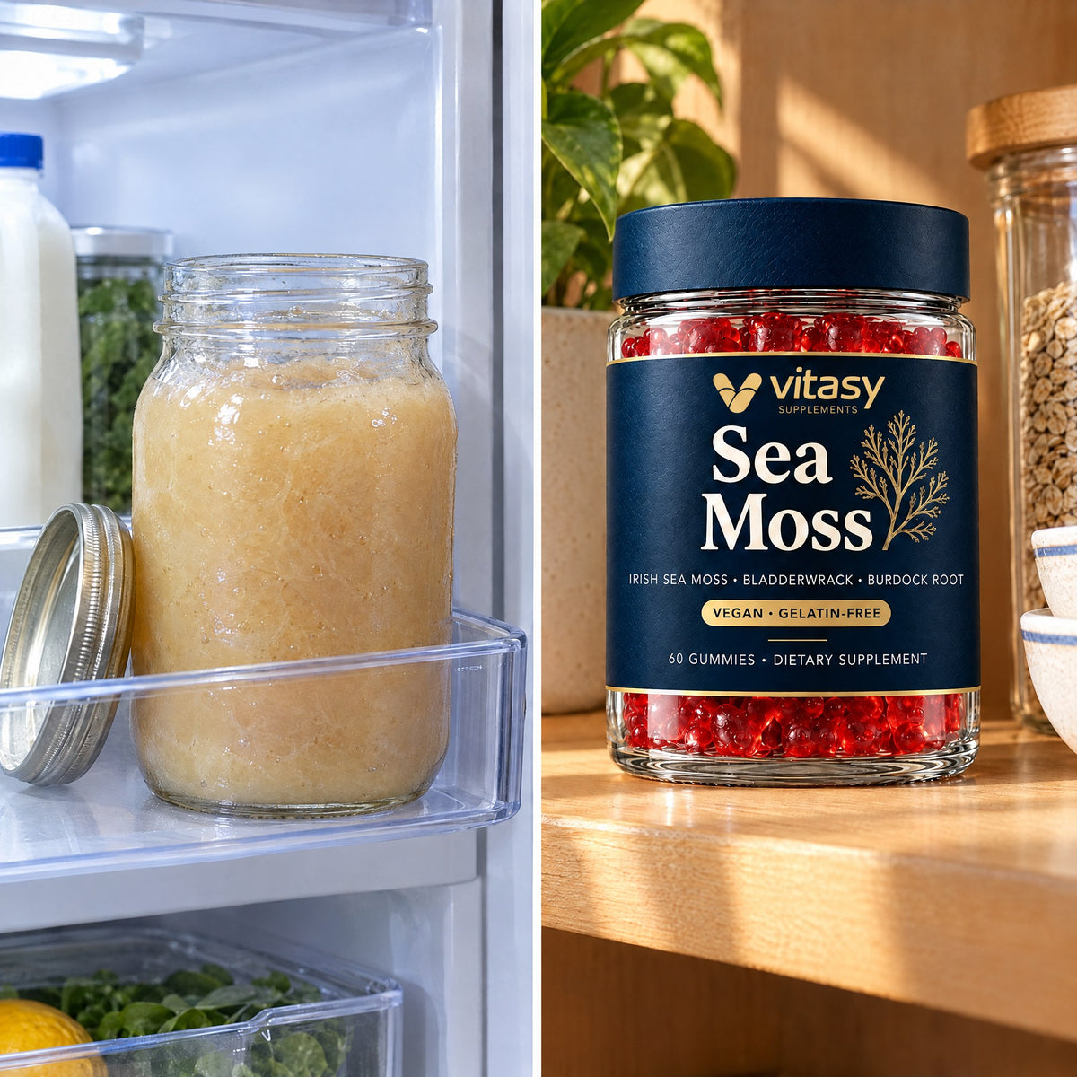 An open jar of sea moss gel in the fridge next to the Vitasy jar on a kitchen shelf
