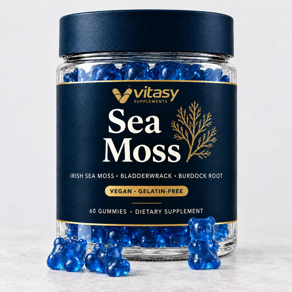 Vitasy Sea Moss Gummies jar with blue gummy bears
