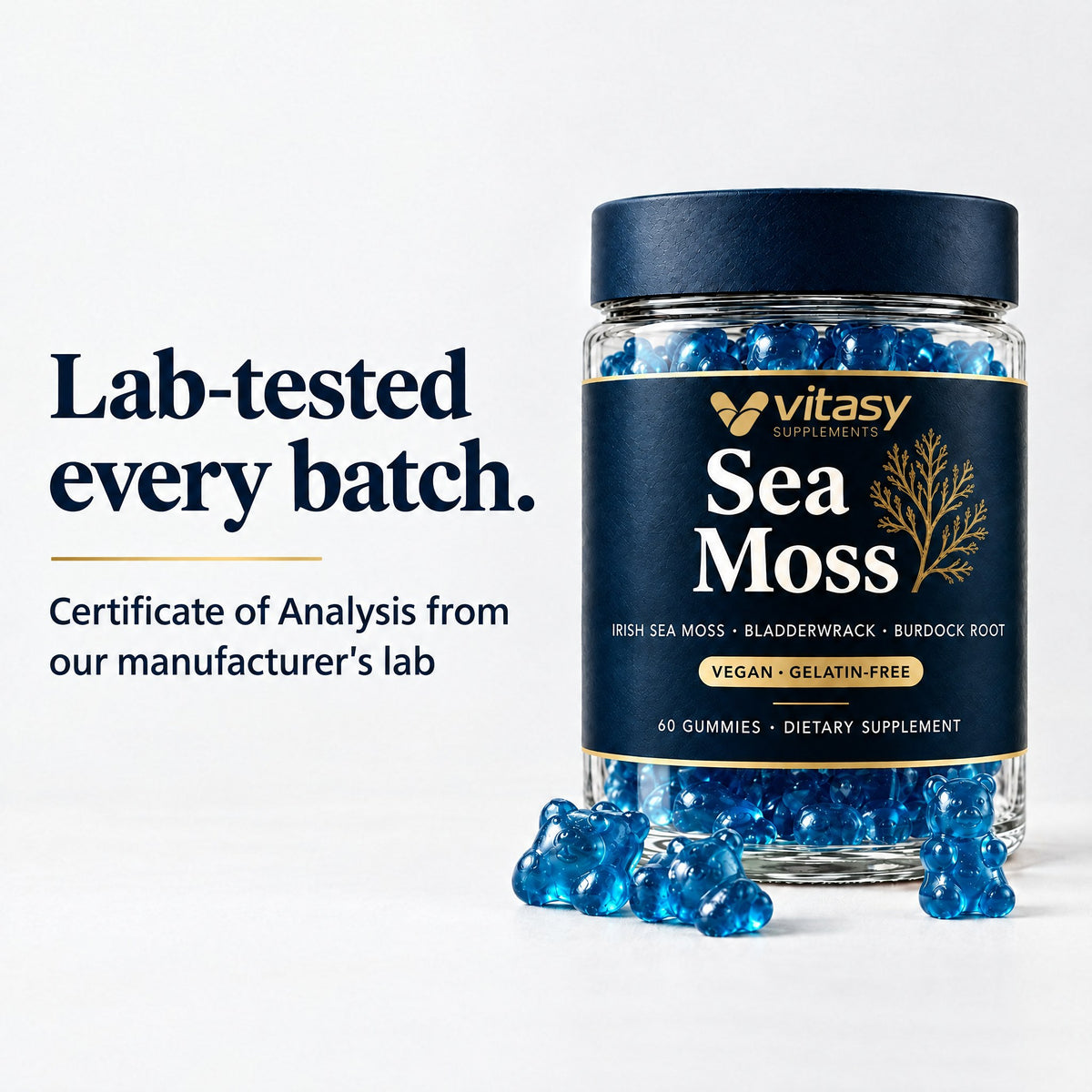 Lab-tested every batch: a Certificate of Analysis from our manufacturer's lab