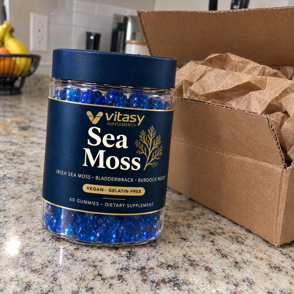 Vitasy Sea Moss jar on a kitchen counter next to its open delivery box