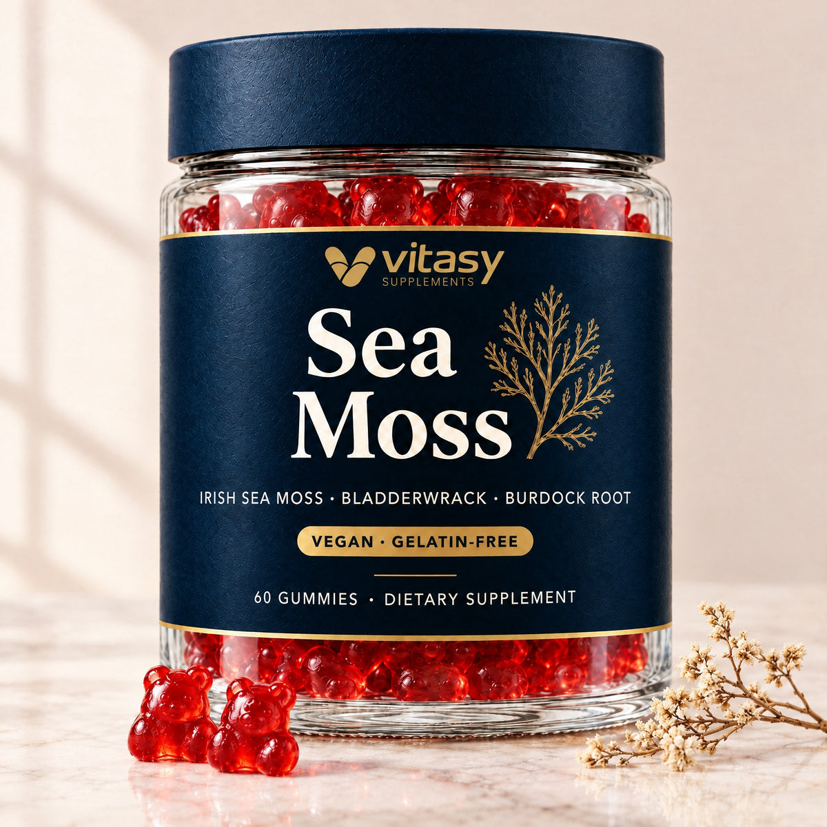 Vitasy Sea Moss Gummies jar with red gummy bears in soft morning light