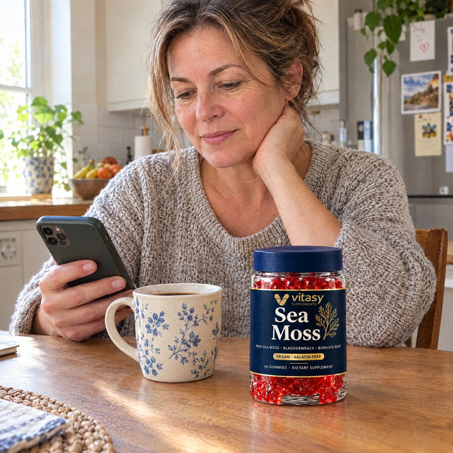 Woman at her kitchen table with coffee and the Vitasy jar