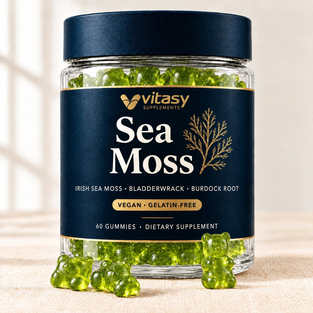 Vitasy Sea Moss Gummies jar with green gummy bears