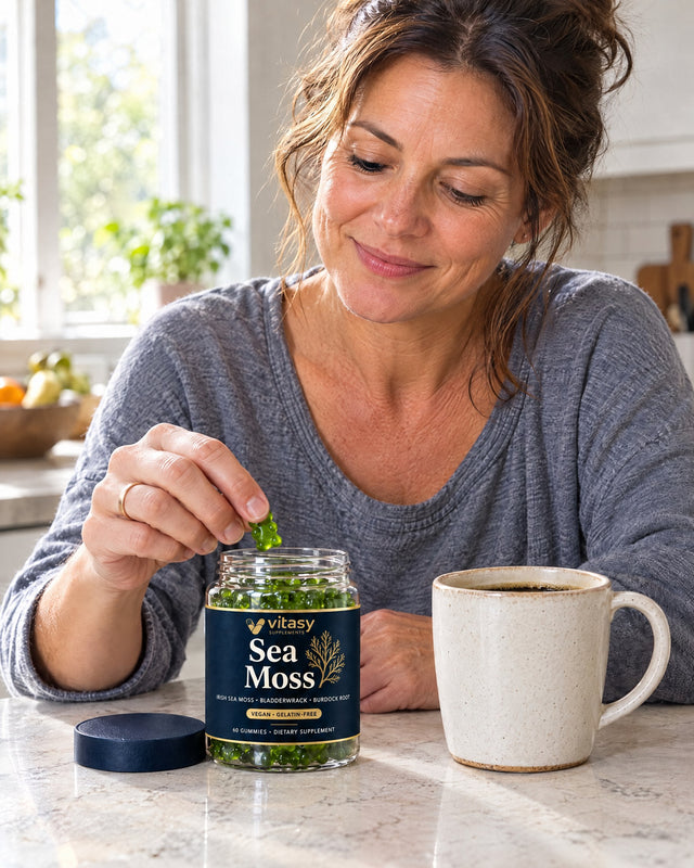 Woman taking a gummy at the kitchen counter with coffee