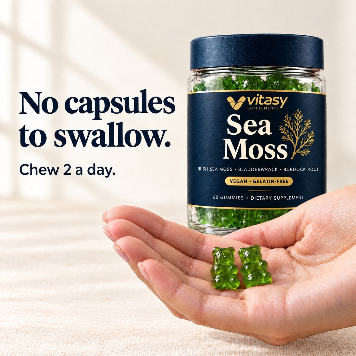 No capsules to swallow: chew 2 gummies a day