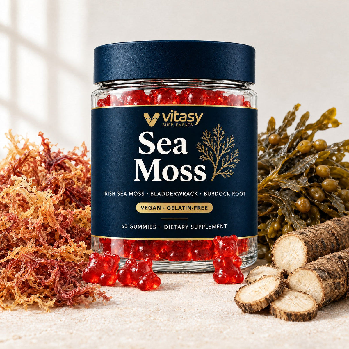 The Vitasy jar with Irish sea moss, bladderwrack and burdock root