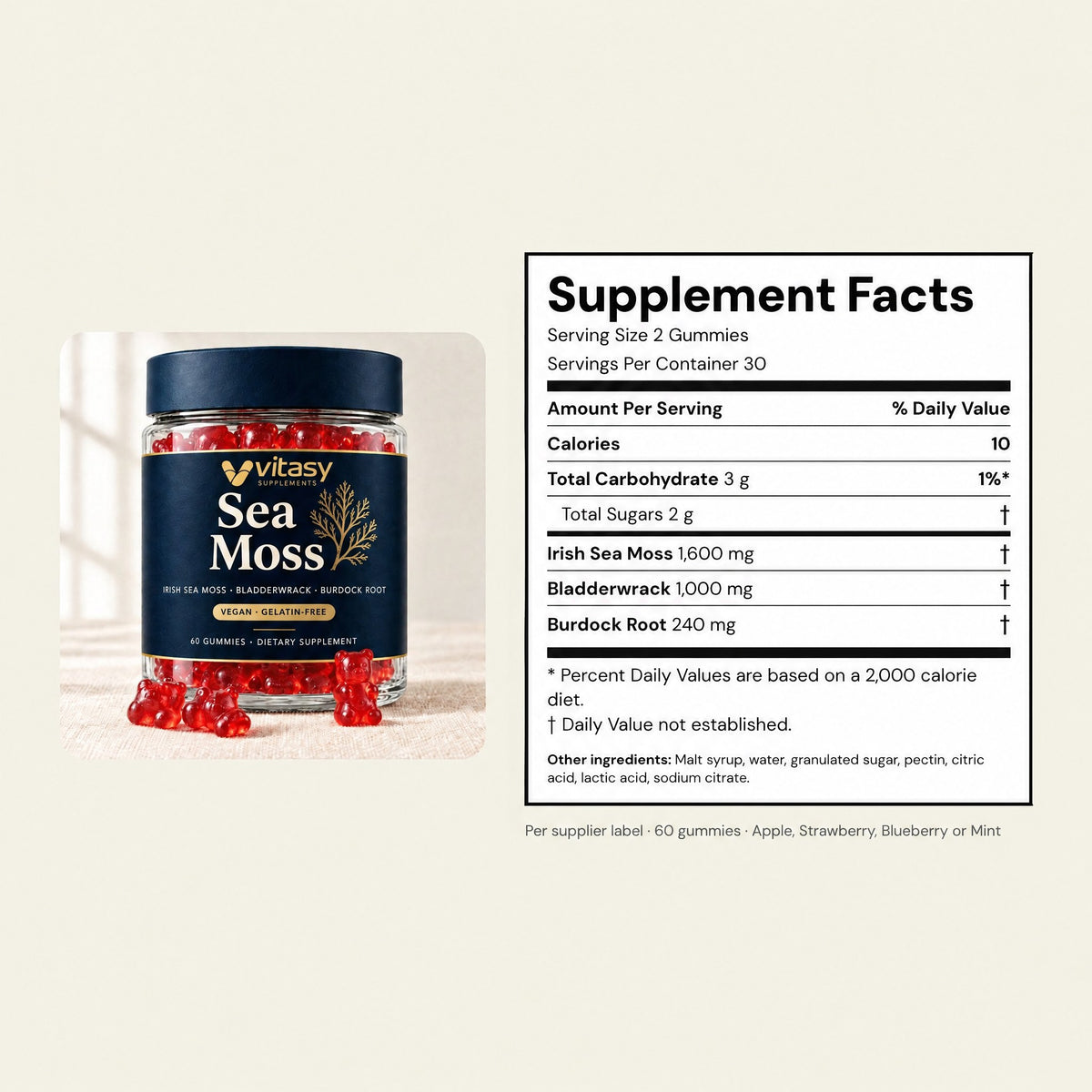 Supplement Facts per 2 gummies: Irish sea moss, bladderwrack, burdock root
