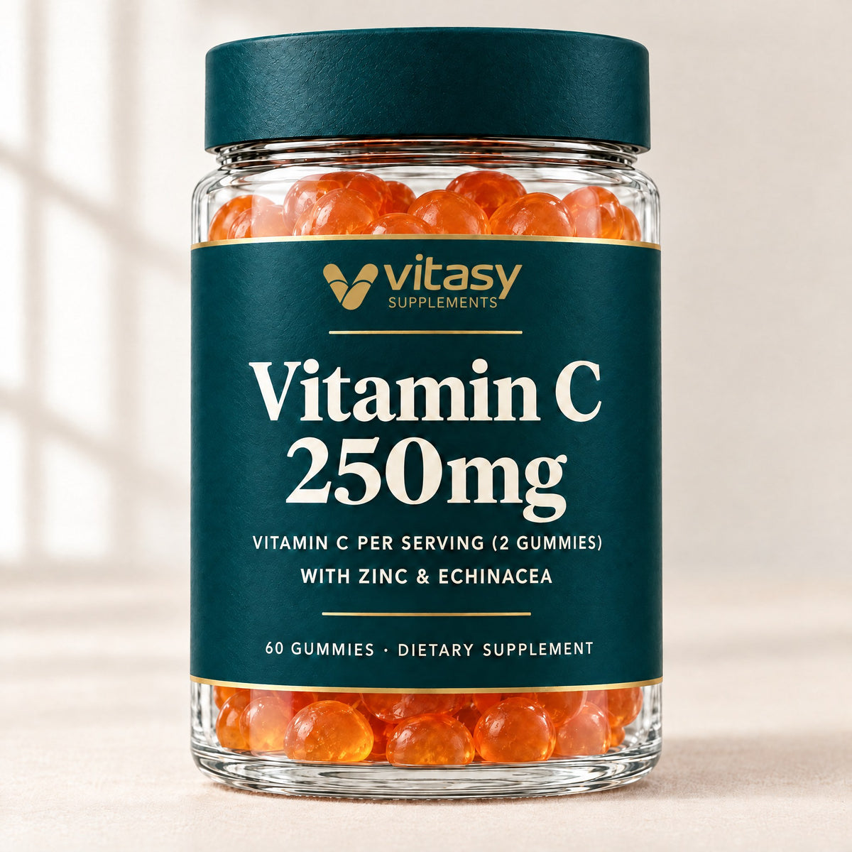 Vitasy Vitamin C & Zinc Gummies jar with orange gummies