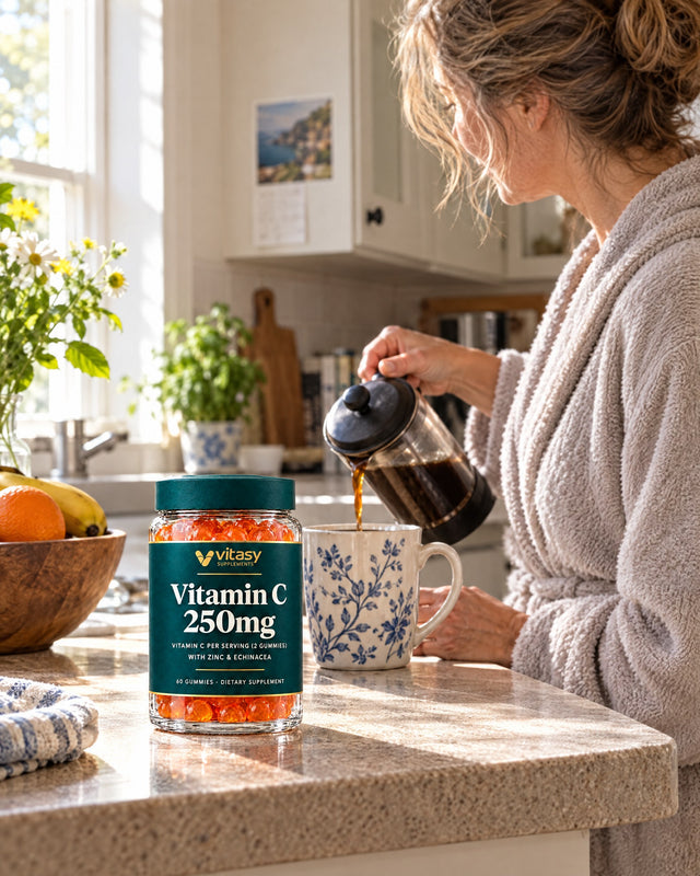 Woman at her kitchen counter in the morning with the Vitasy jar next to her coffee