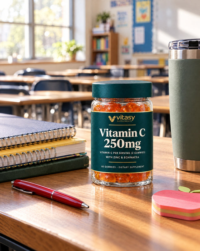 Teacher's desk with the Vitasy jar next to a stack of notebooks