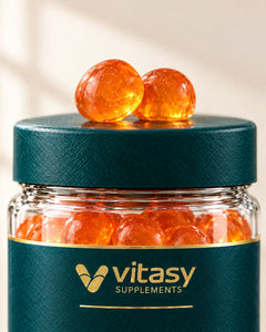 Two orange Vitasy vitamin C gummies on the jar lid