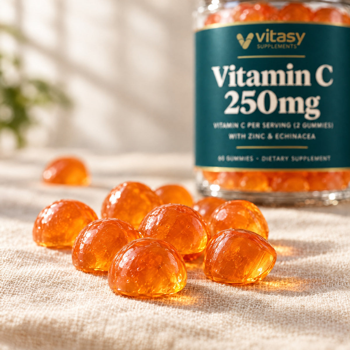 Close-up of round orange Vitasy vitamin C gummies