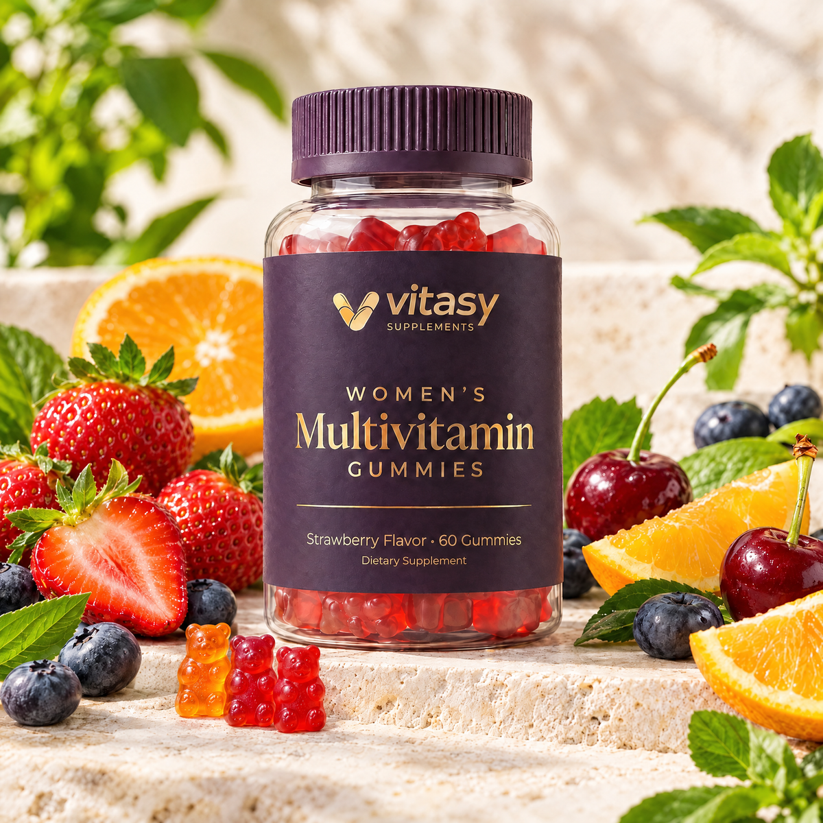 Vitasy Women's Multivitamin Gummies jar with red and orange gummies, strawberries, oranges, cherries and blueberries