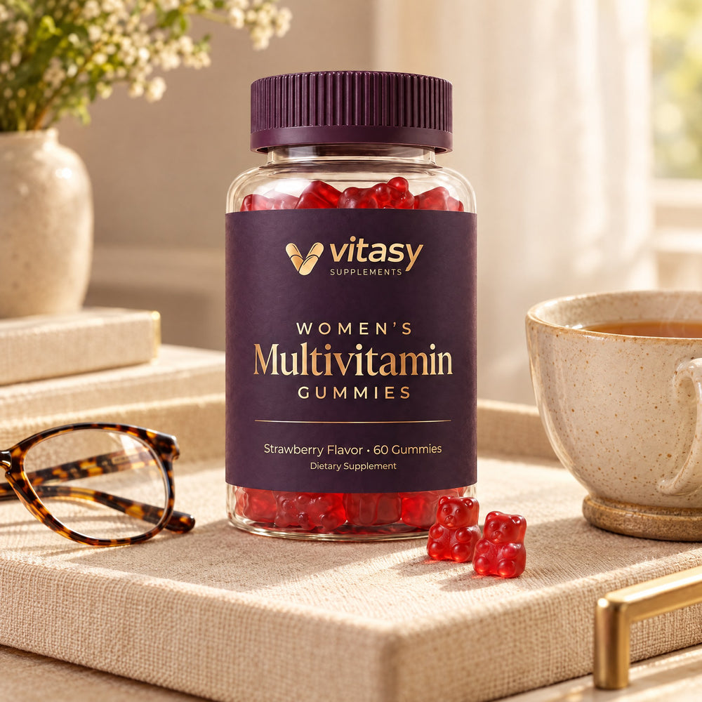 Vitasy Women's Multivitamin Gummies jar on a bright kitchen counter next to a coffee mug and a planner