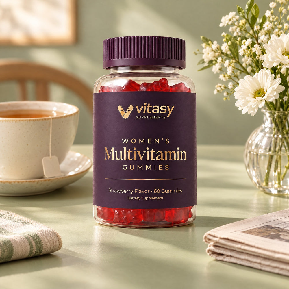 Vitasy Women's Multivitamin Gummies jar on a sunny breakfast table with reading glasses