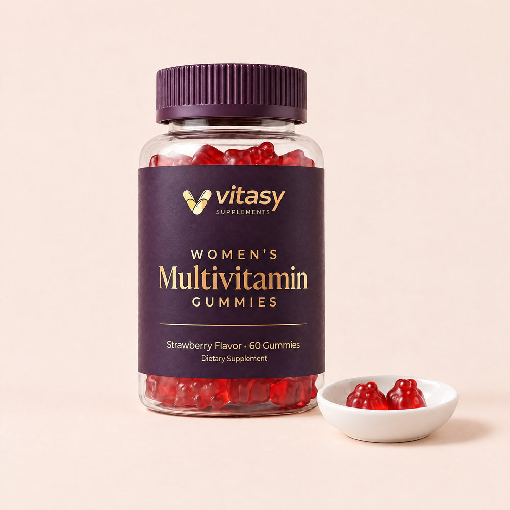 Vitasy Women's Multivitamin Gummies jar with two gummies on a small dish