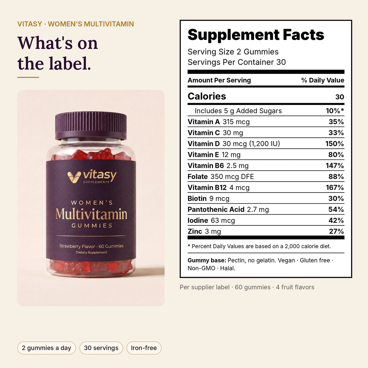 Women's Daily Multivitamin - Only 2 Gummies a Day, Not 4 or More - 11 Vitamins & Minerals, 60 Count, 30 Servings