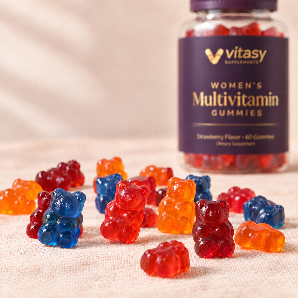 Close-up of colorful Vitasy multivitamin gummy bears: strawberry red, orange, blueberry and cherry