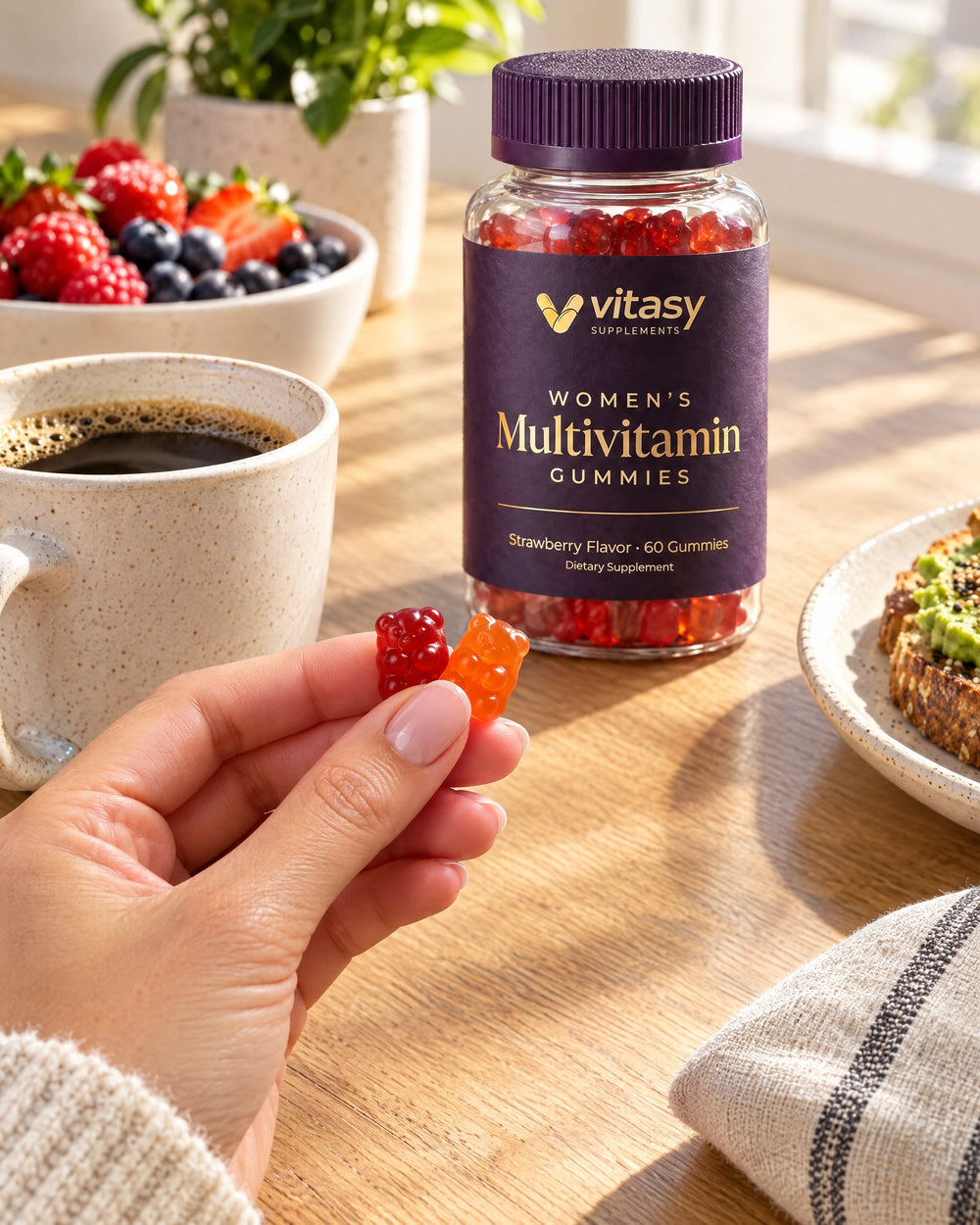 Hand holding two colorful fruit gummies at breakfast next to the Vitasy women's multivitamin jar