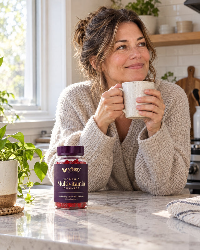 Woman at her kitchen counter in the morning with the Vitasy women's multivitamin jar