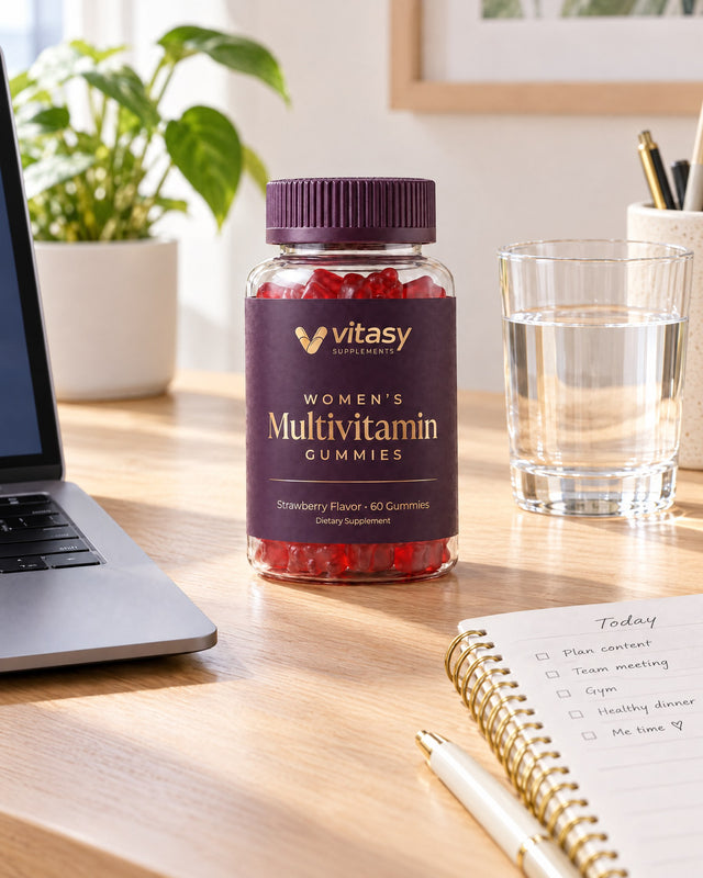 The Vitasy women's multivitamin gummies jar on a home-office desk next to a laptop