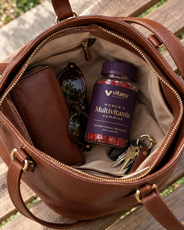 The Vitasy women's multivitamin gummies jar in an open tote bag