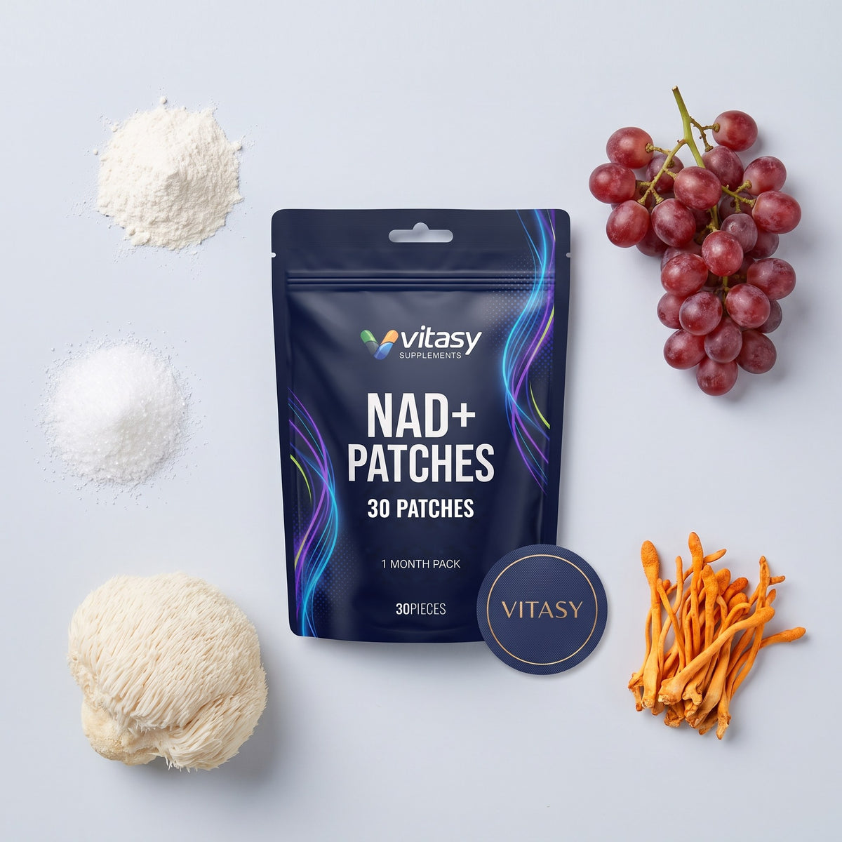 Vitasy NAD+ Patches pouch with grapes, Lion's Mane, Cordyceps and white powders