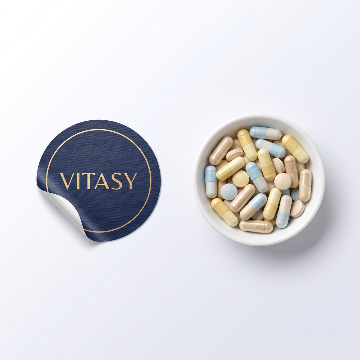 A Vitasy patch next to a bowl of assorted capsules and tablets