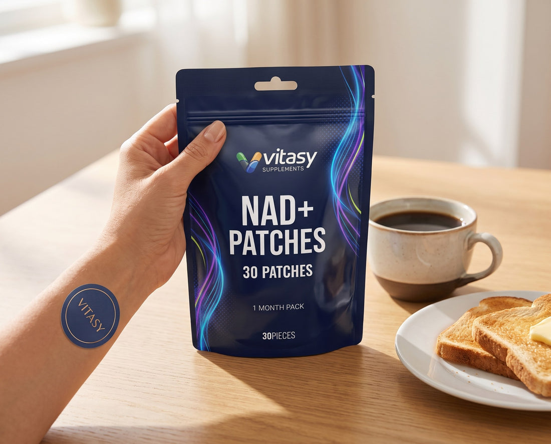 Breakfast table with coffee and a Vitasy NAD+ Patches pouch