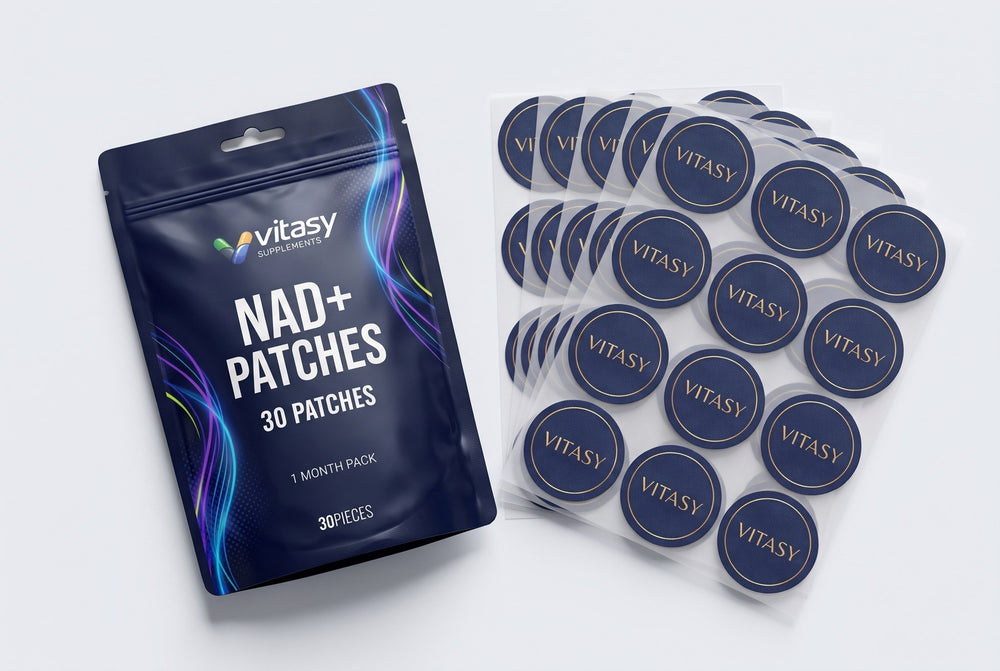 Vitasy NAD+ Patches pouch with a sheet of patches