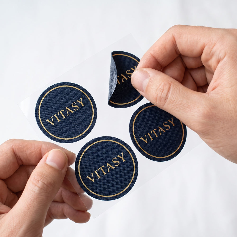 Hands peeling a Vitasy patch from its backing sheet