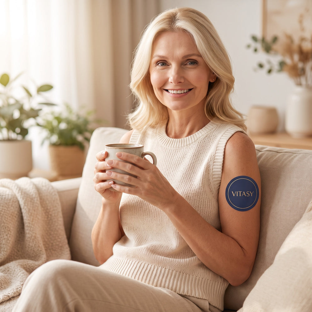 Smiling woman with a coffee mug and a Vitasy patch on her arm