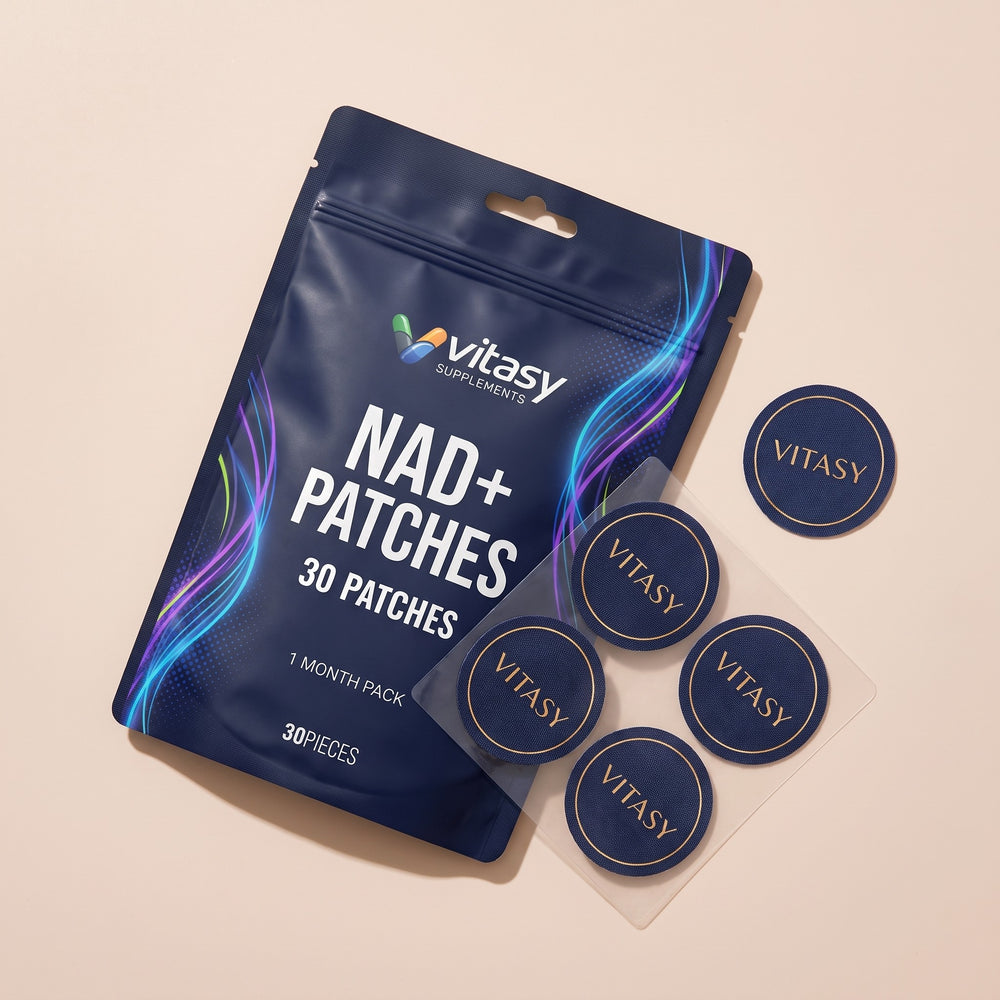 Vitasy NAD+ Patches pouch with patches on a light surface