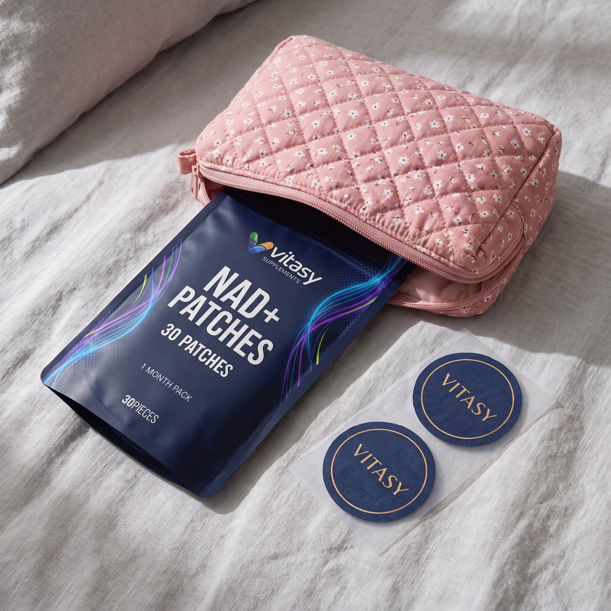 Vitasy NAD+ Patches pouch with a travel bag