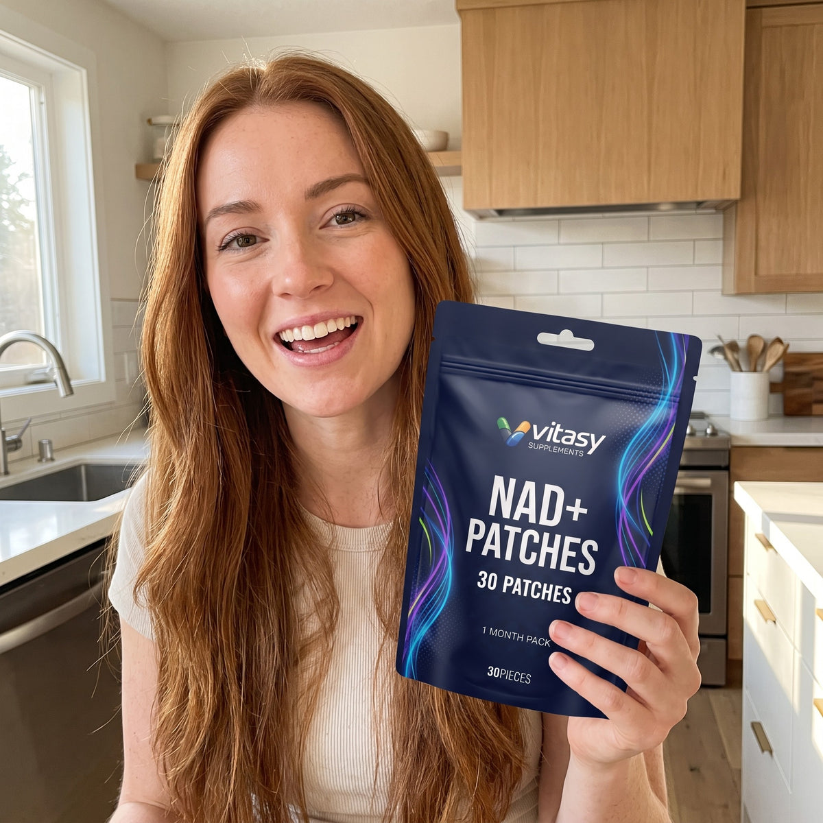 Woman at home holding a Vitasy NAD+ Patches pouch