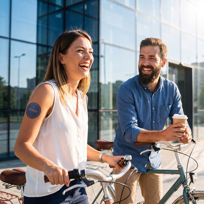 Two friends with bikes, one wearing a Vitasy patch on her upper arm