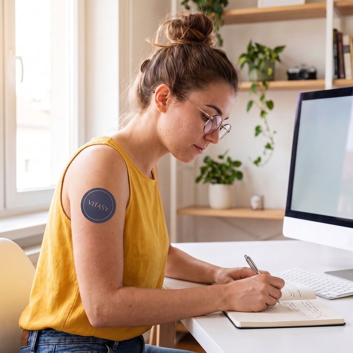Woman writing at her desk with a Vitasy patch on her upper arm