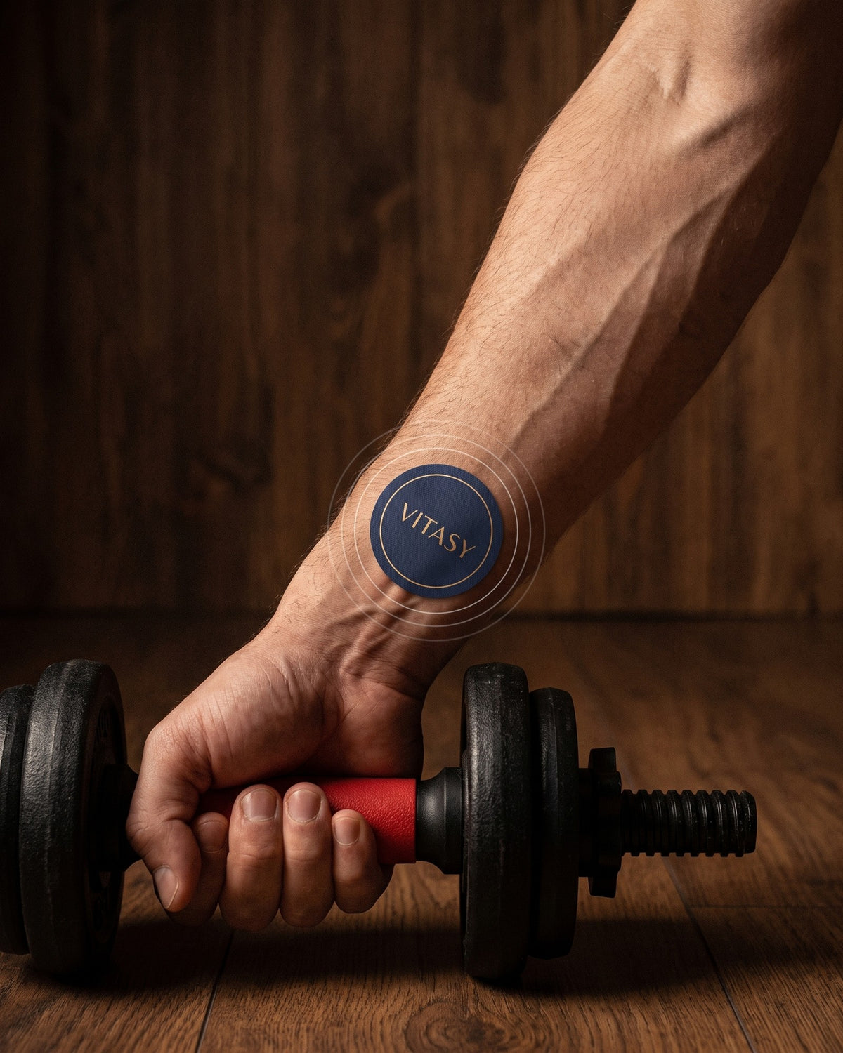 Hand holding a dumbbell with a Vitasy NAD+ patch on the wrist
