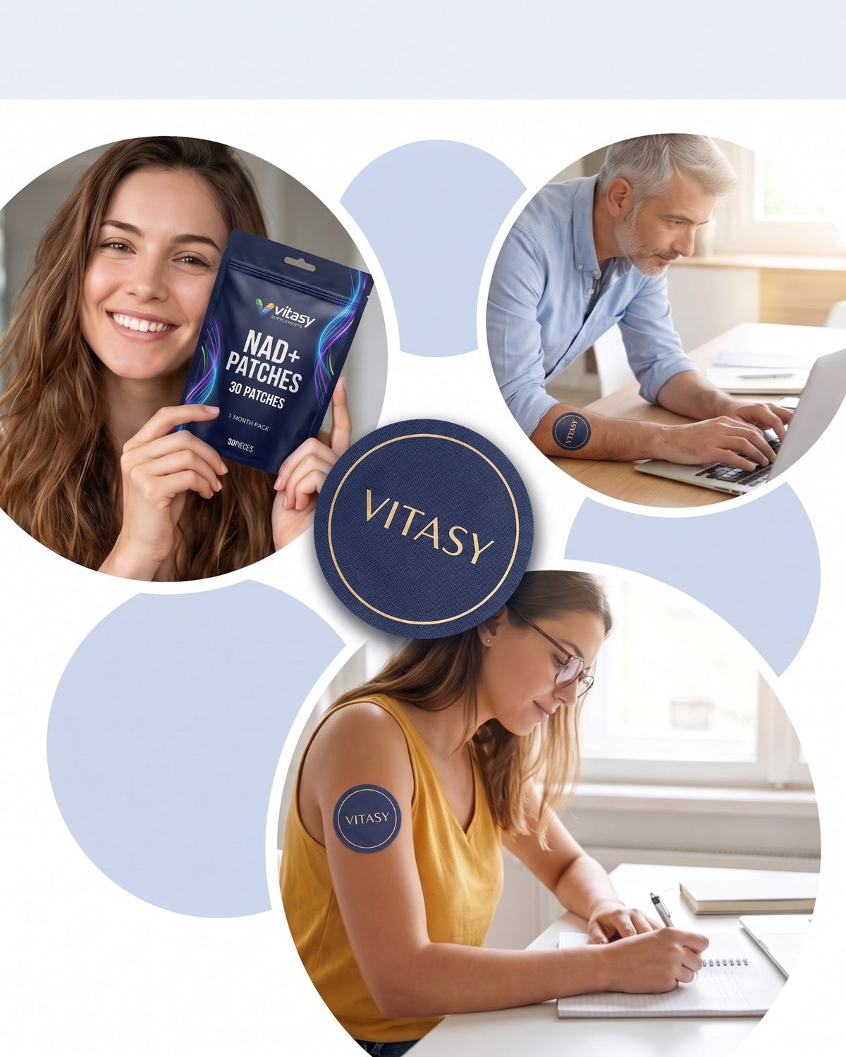 Vitasy NAD+ patch and pouch in three daily routine moments