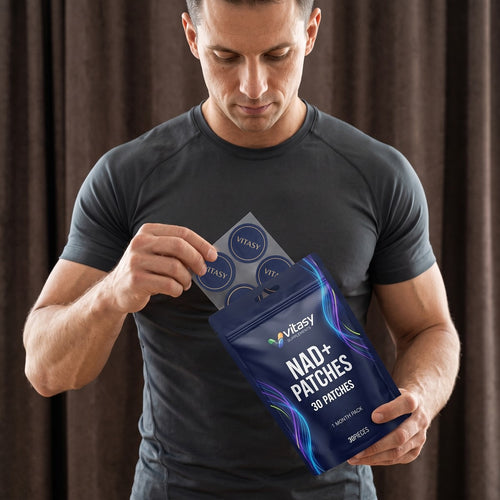 Man opening a Vitasy NAD+ Patches pouch