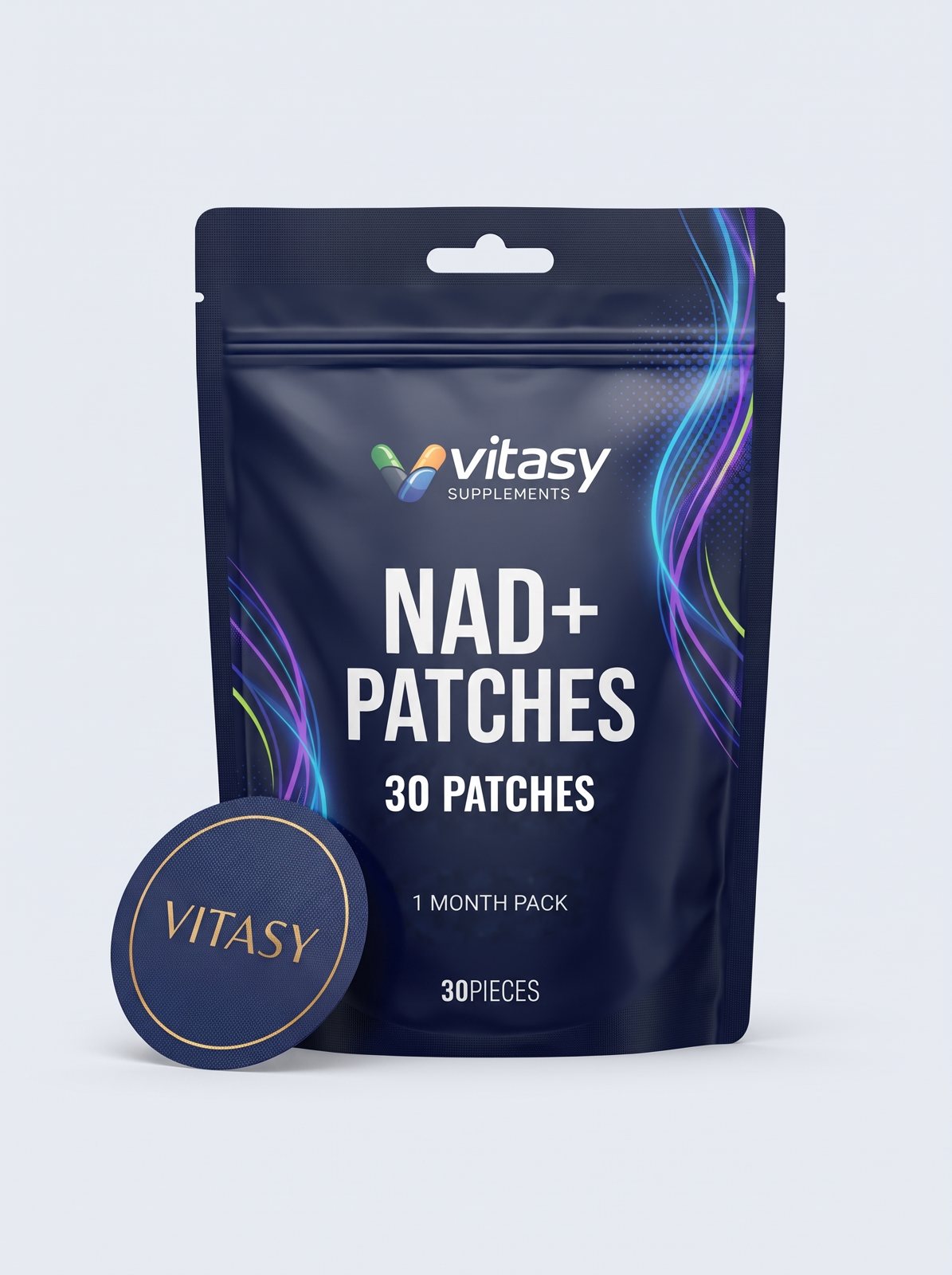 Vitasy NAD+ Patches pouch with 30 patches and one navy Vitasy patch
