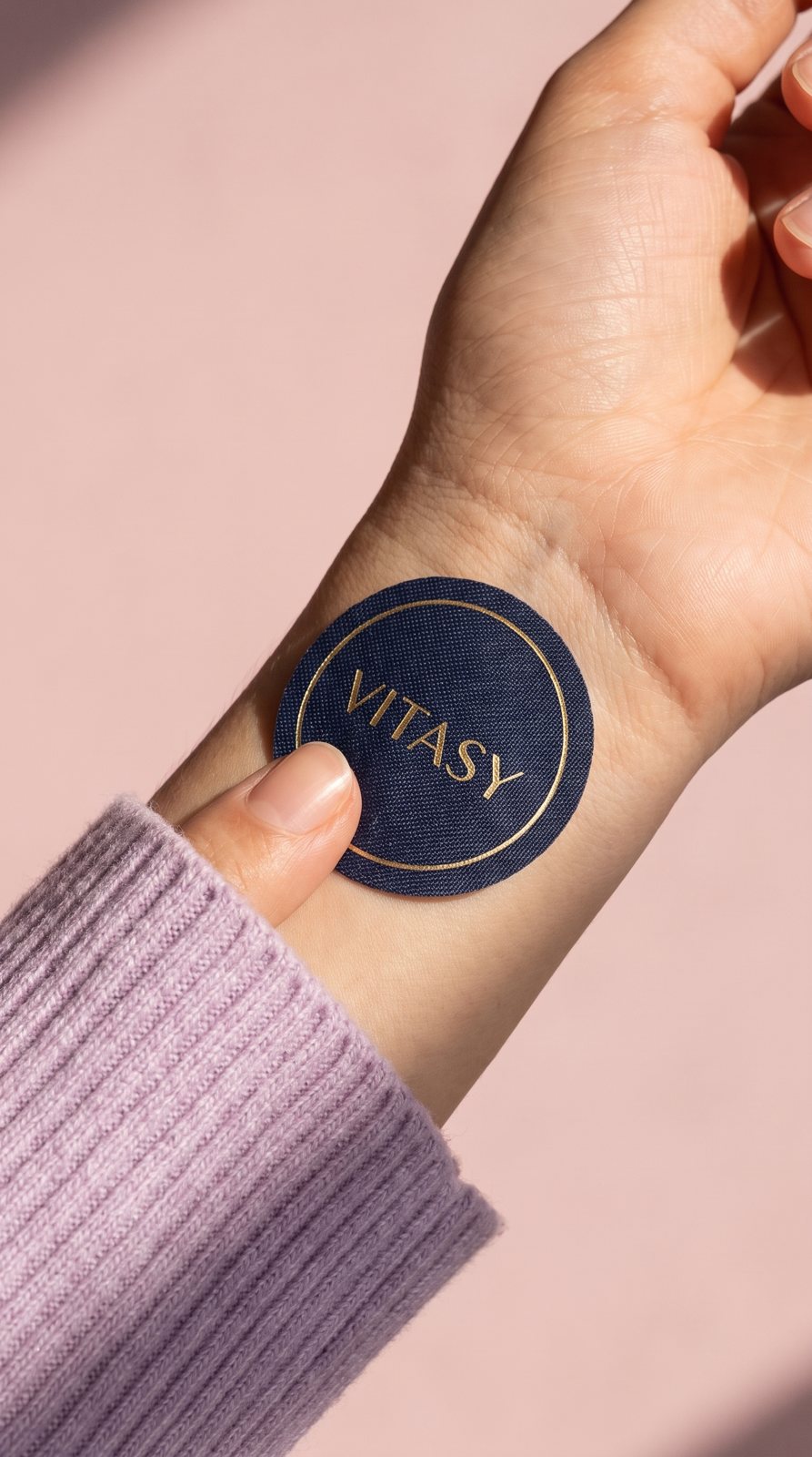 Hand pressing a navy Vitasy patch onto the inner wrist