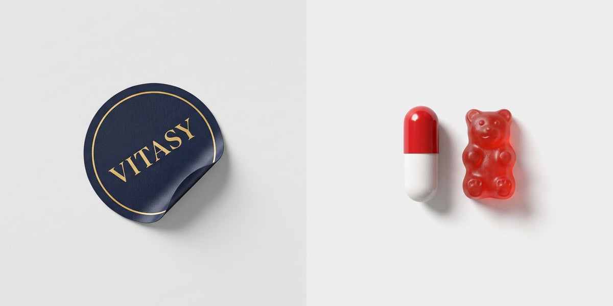 Navy Vitasy patch next to a capsule and a gummy